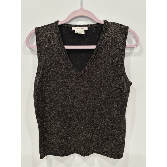 Karen Kane Metallic Knit Tank Top L Shimmer Sleeveless V Neck Black Gold Sparkle - Picture 1 of 7